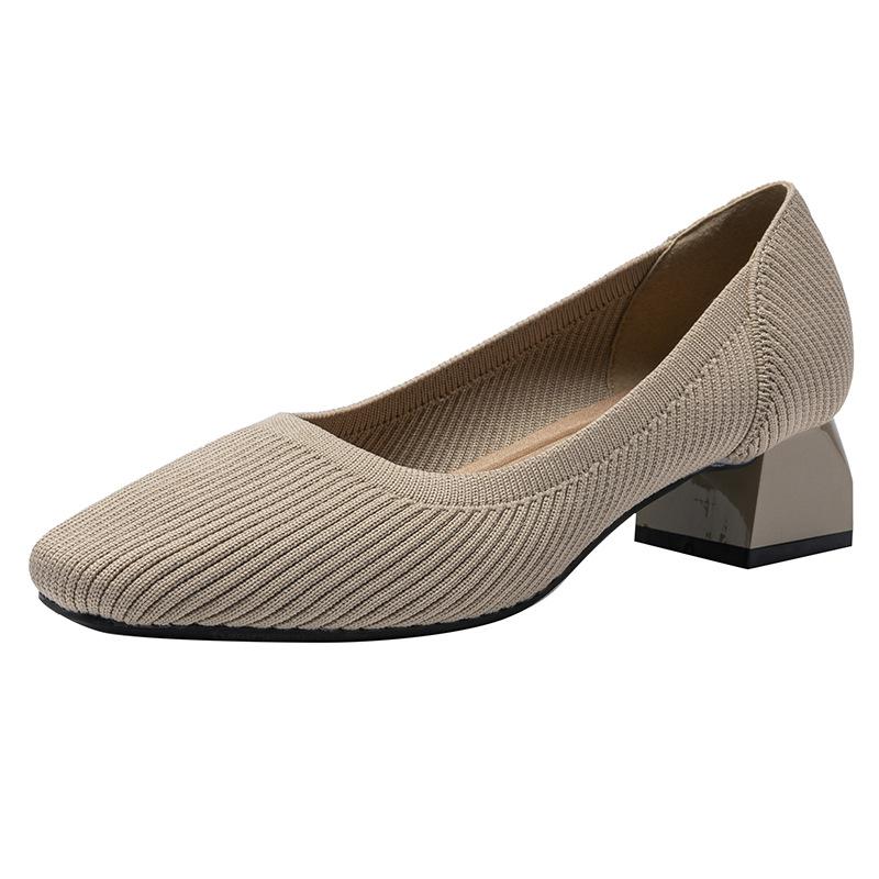 Женские туфли на однотонном каблуке Вязаные туфли-лодочки Женские модельные туфли на низком каблуке Офисные повседневные туфли с квадратным носком в деловом стиле на массивном каблуке Модные женские туфли без шнуровки