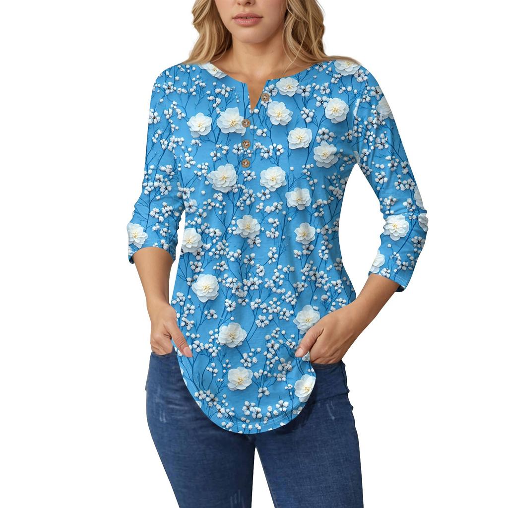 3/4 Length Sleeve Womens Tops Summer T-Shirts Floral Print V Neck Casual Basic Tee Button Shirts Tunic Tops