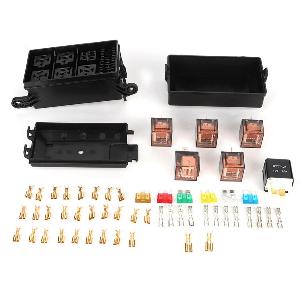 6 Way Car Fuse Box with 1pc 4p 12v and 5pcs 100A Transparent Shell Relays for Ships Car Racing