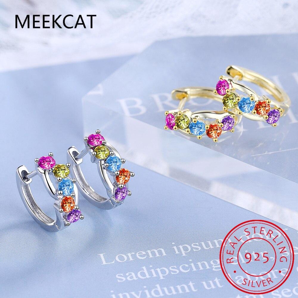 Real 925 Sterling Silver Simple Circle Rainbow Color Zirconia Hoop Earrings For Women Elegant Trendy Fine Jewelry Brincos