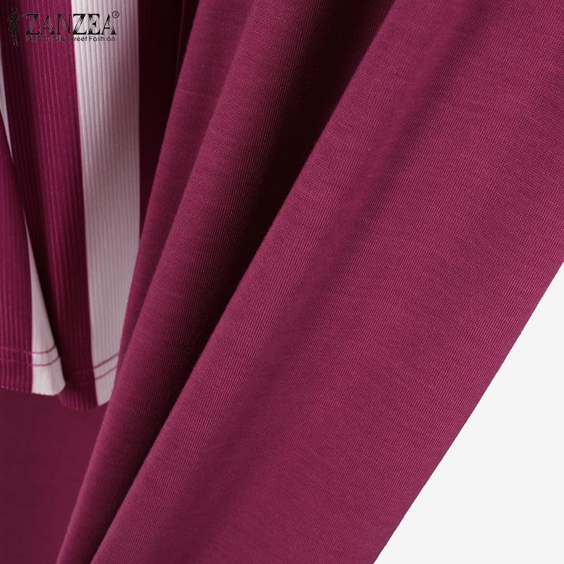 ZANZEA Женский осенний комплект из полосатой футболки с круглым вырезом и длинными рукавами и брюками