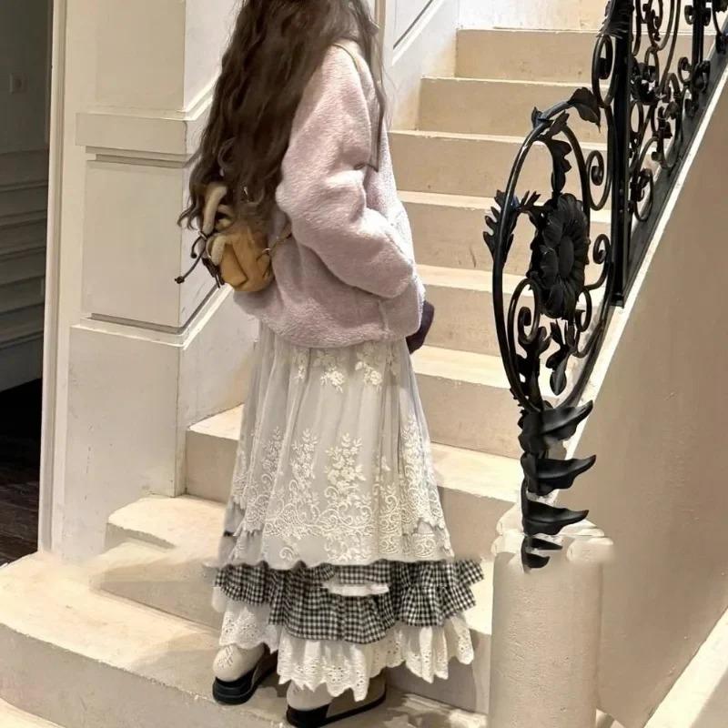 Женская милая винтажная юбка в стиле Mori Girl, с высокой талией, вставками, клетчатая, длинная, зимняя, корейская мода, бежевое кружево, кавайная, макси