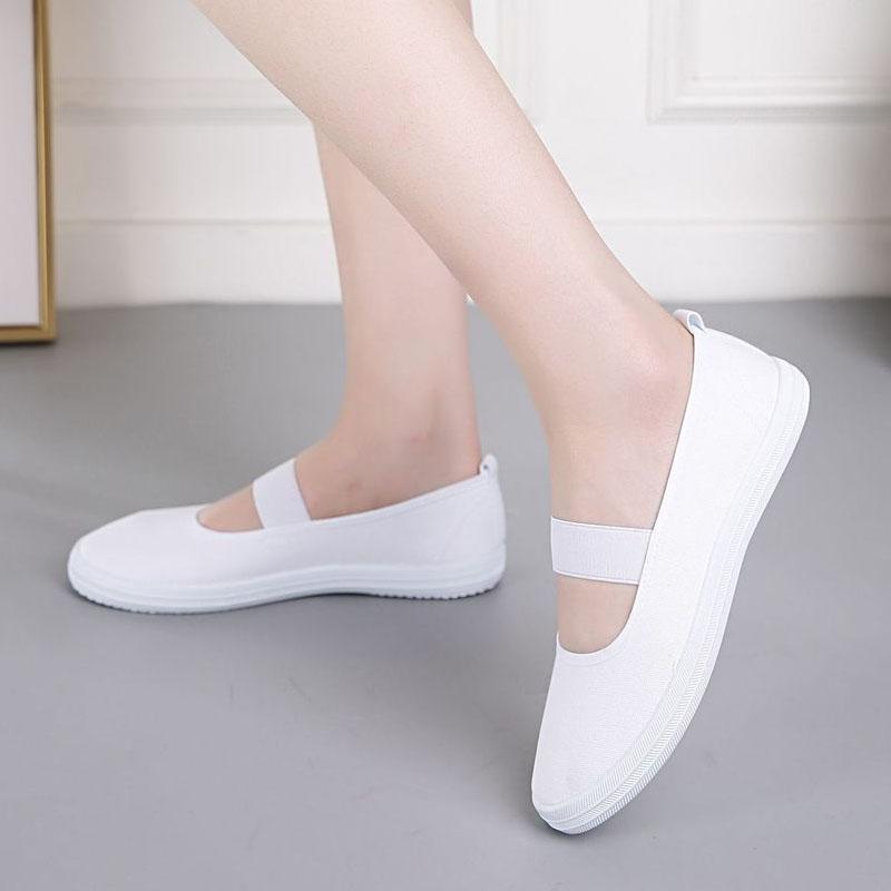 Женские балетки Белые парусиновые туфли Повседневная обувь на резинке Удобные кроссовки Нескользящая мягкая подошва Танцевальная обувь