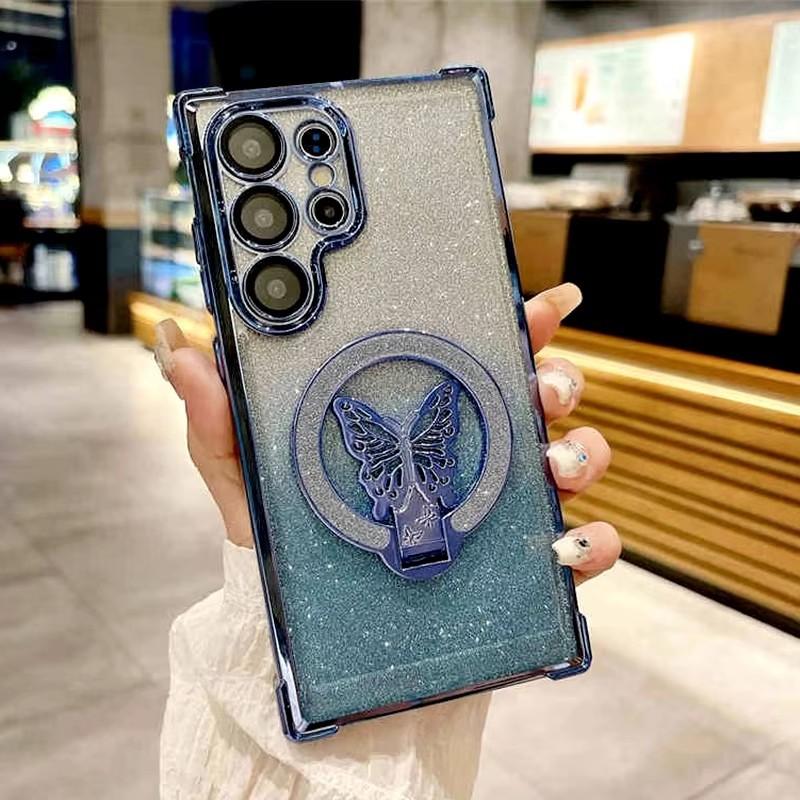 Чехол-держатель S25 24 23 с покрытием Butterfly для Samsung Galaxy S24 S25 S23 S22 S20 S21 Fe Plus Ultra Silicone Stand Cover для A24 A55 5G A53 A54