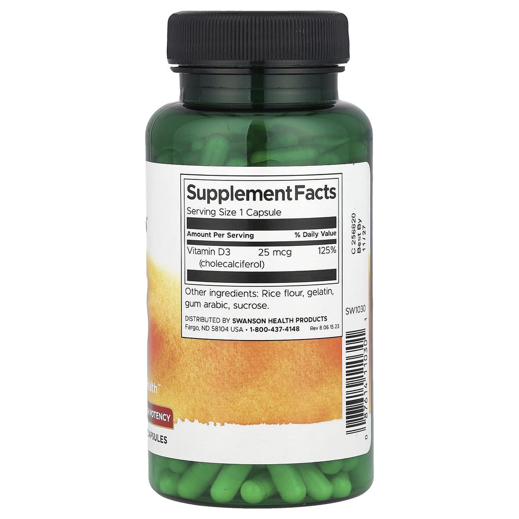 Витамин D3, Высокая эффективность, 25 мкг (1,000 МЕ), 250 капсул