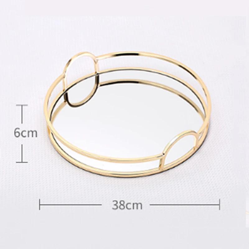 Nordic Light Роскошный стеклянный зеркальный поднос для хранения вещей Золотой железный круглый креативный декор для гостиной Фруктовая косметика Журнальный столик