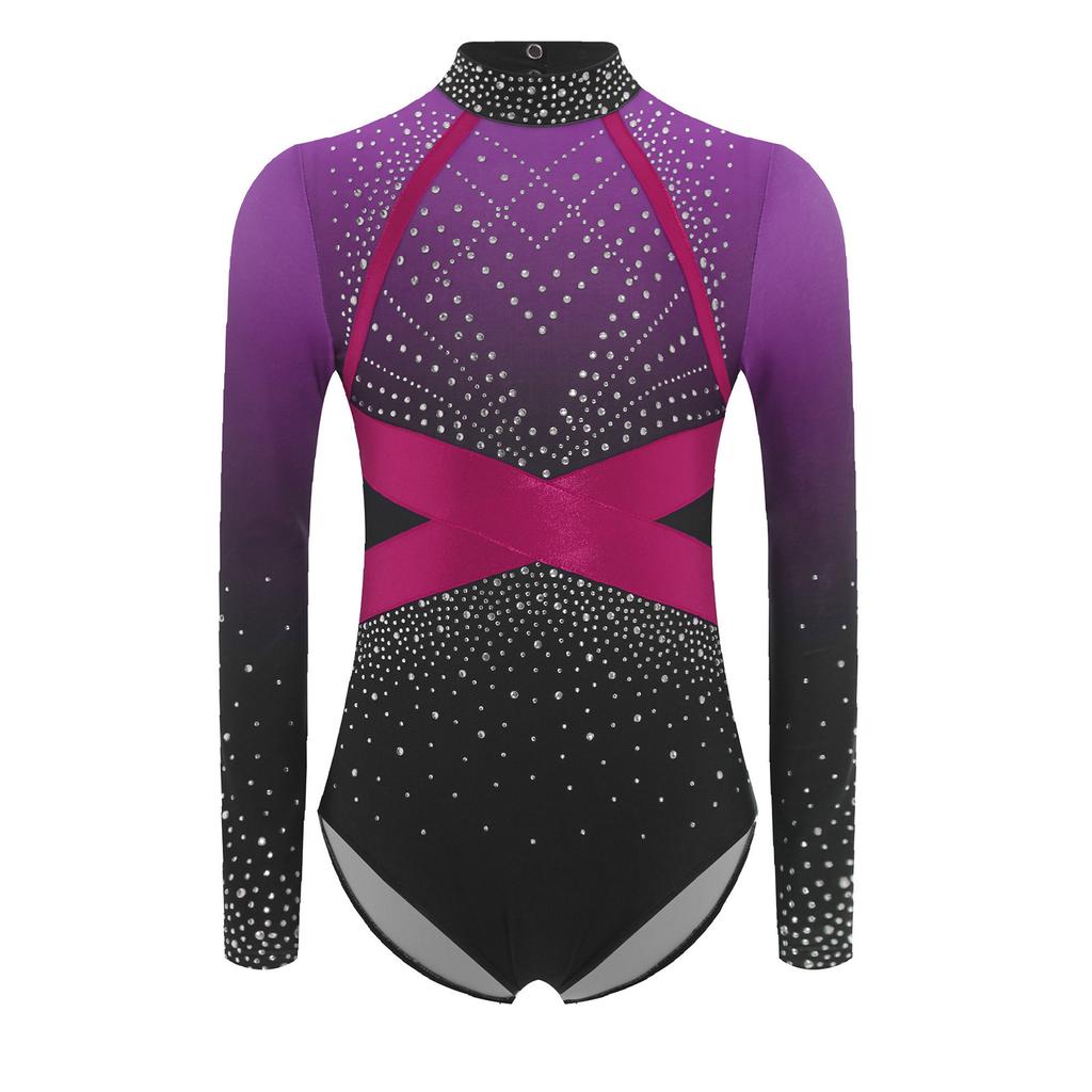 Girls Color Block Ballet Leotard Shiny Faux Diamonds Rhinestone Long Sleeve Gymnastics Ballerina Jumpsuit