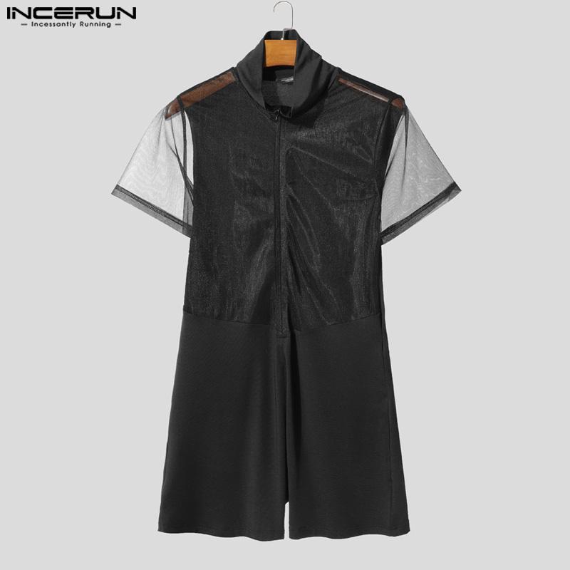 INCERUN Men Short Sleeve Mesh Sheer Patchwork Fitted Jumpsuits Pajamas Underwear
