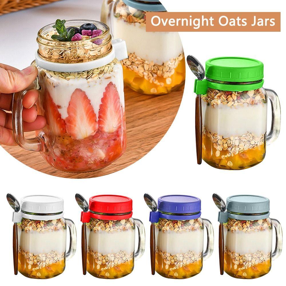 with Lids Spoons & Handle Yogurt Pot Glass Breakfast Jar Oats Container Overnight Oats Jars