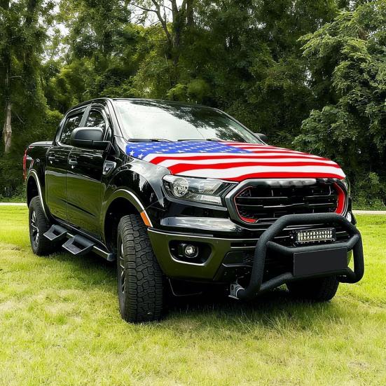 American Flag Car Hood Cover 63 X 47 Inch Stretchable Polyester Spandex Fabric Fits Most Cars Trucks SUVs with Small Decorative Flags Secure Clips