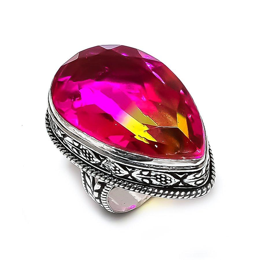Кольцо из натурального двухцветного турмалина ручной работы из серебра 925 пробы S.8 Z9f97