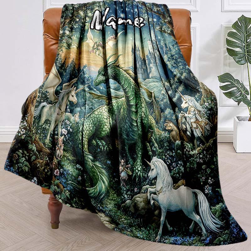 Dragons And Unicorns Customize Your Name Blanket Used For Chair Office Sofa Bed Camping Soft And Warm Giving Friends And Relatives Birthday Graduation