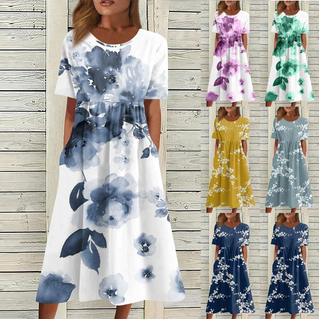 Жен. Повседневные платья Платья с принтами Летние платья С принтами Плиссированные платья-миди с круглым вырезом Классический Классический На открытом воздухе Повседневные С короткими рукавами Свободные платья