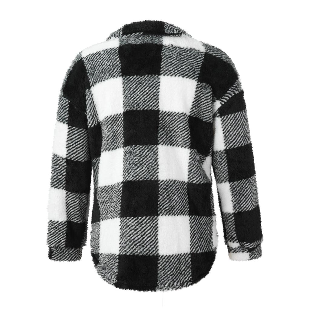 Женская осенне-зимняя модная толстая плюшевая однотонная клетчатая пуговица с длинными рукавами, повседневная спортивная повседневная куртка, флисовый топ с карманом