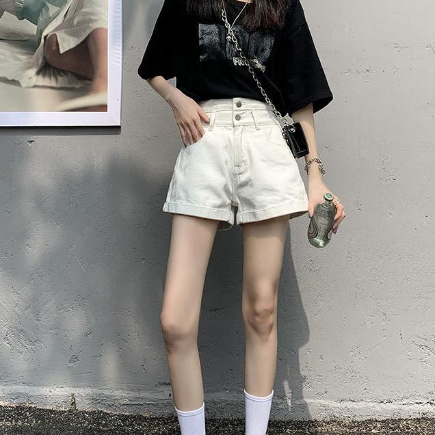 Summer Rolled Denim Shorts Tide Women's High-waisted Loose A Word Super Shorts