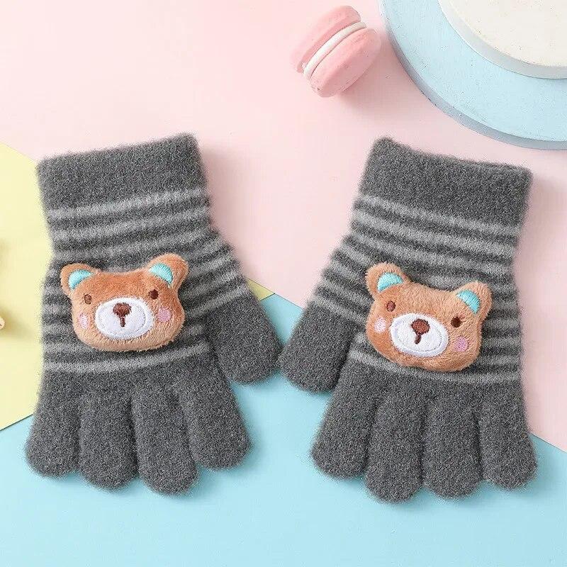 1Pairs Cute Cartoon Rabbit Bear Winter Warm Kids Gloves Kindergarten Boys Girls Five Finger Knitted Gloves for 3 To 6 Years