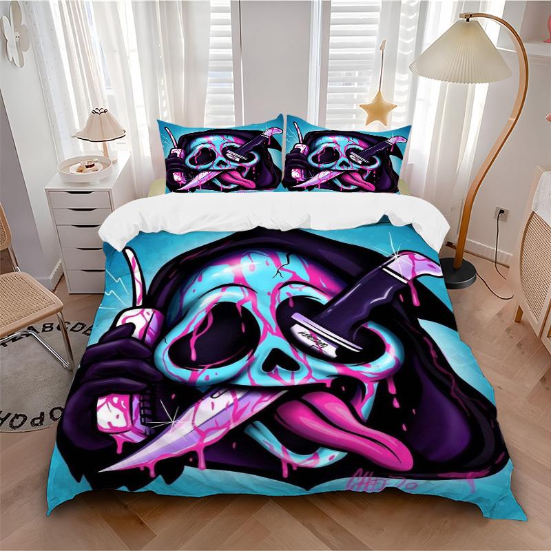 3pcs Anime Skull Bedding Set - Includes One Quilt Cover and Two Pillowcases (No Core) - Perfect for Bedroom and Guest Room Decor, Festive Gi