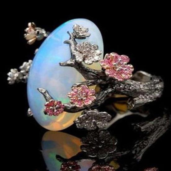 Vintage Women Faux Opal Plum Blossom Flower Two Tone Finger Ring Jewelry Gift
