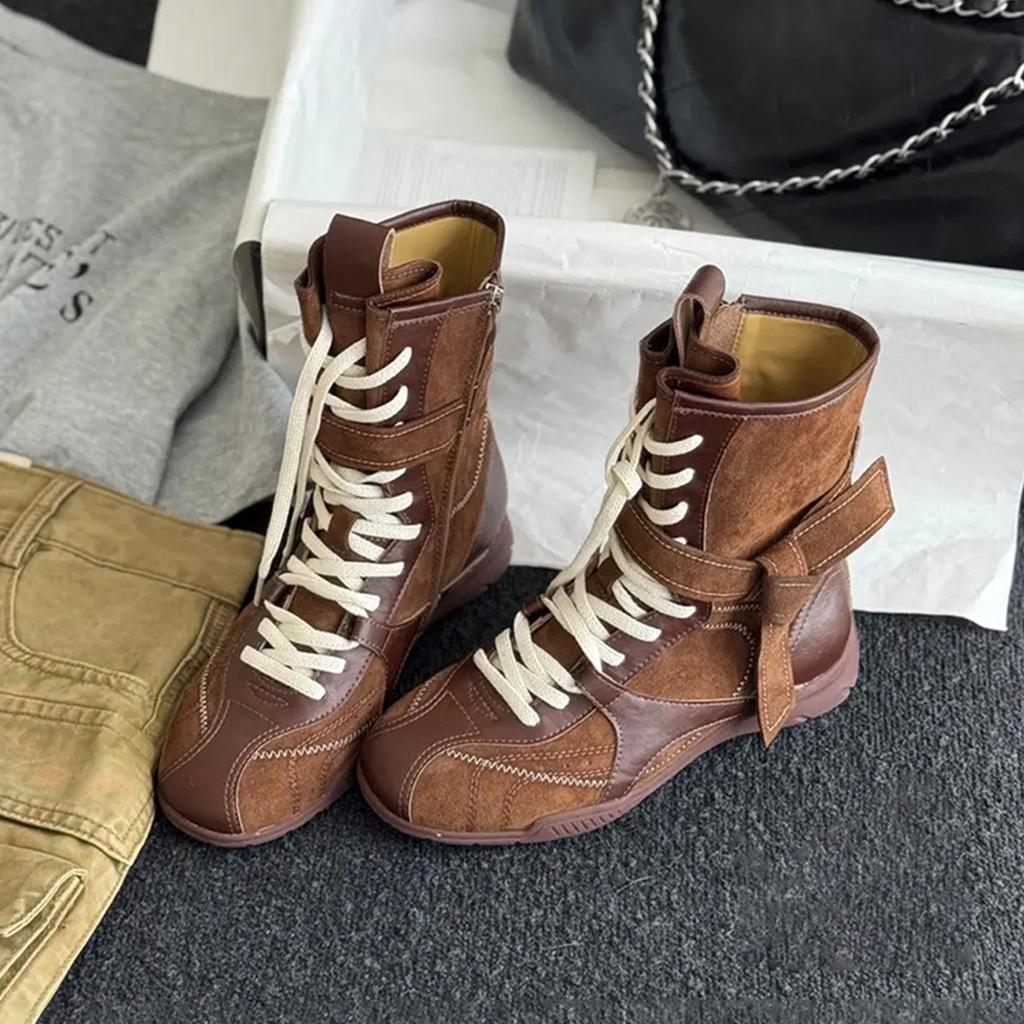 Vintage Versatile Frosted Leather Boxing Boots Women's Straps Side Zipper Outer Wear Mountaineering Dexun Martin Boots