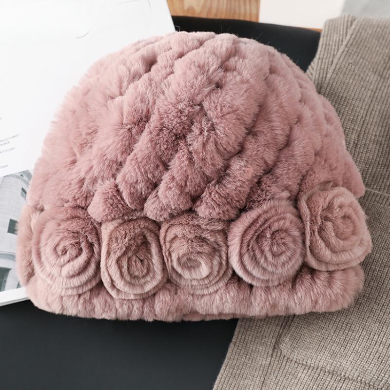 Winter Warm Scarf Hat Two-piece Set, Middle-aged and Elderly Temperament Rex Rabbit Fur Hat, Mother Flower Scarf