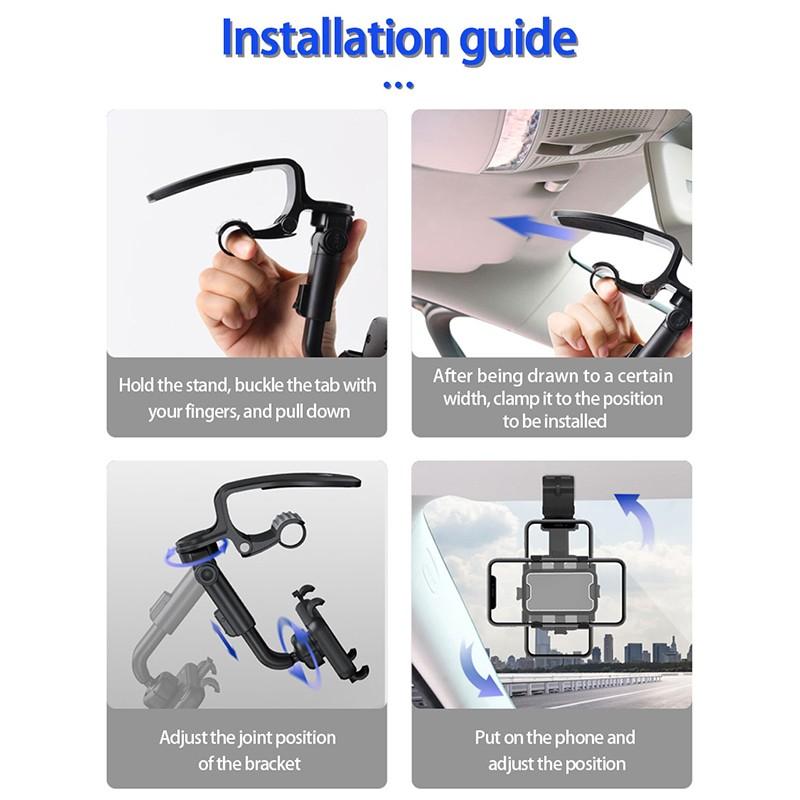 360° Car Rearview Mirror Phone Holder for Car Mount Phone and GPS Holder Support Rotating Adjustable Telescopic Phone Stand