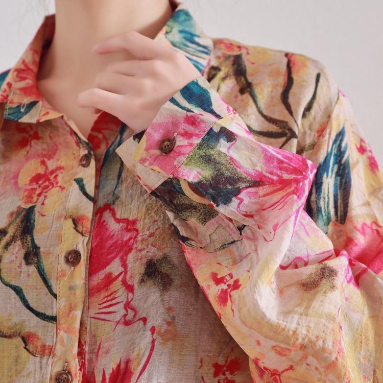 2025 Новая весенняя мода Цветочная льняная блузка Женская с длинным рукавом Свободные топы