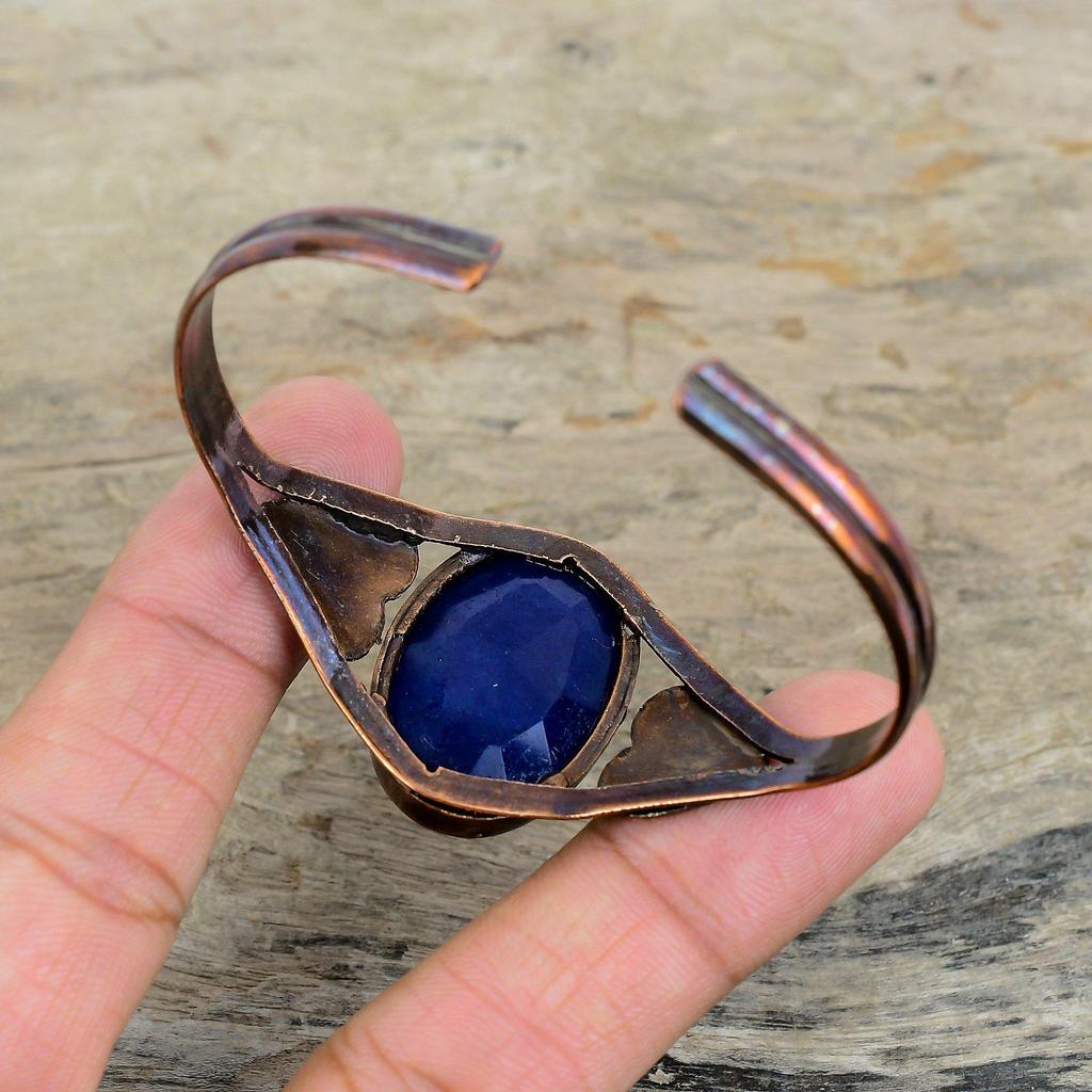 Граненый браслет-манжета из синего сапфира, браслет-манжета с драгоценным камнем, гальванопластический медный браслет, ручная работа, регулируемый браслет, медные украшения, подарки на годовщину