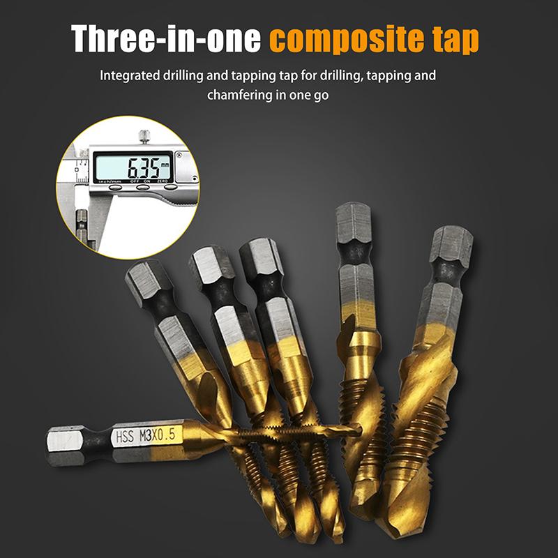 6 шт. быстрорежущей стали M3-M10 с титановым покрытием композитный метчик шестигранное сверло и метчик интегрированный метчик машина с инструментом для снятия фаски отверстия