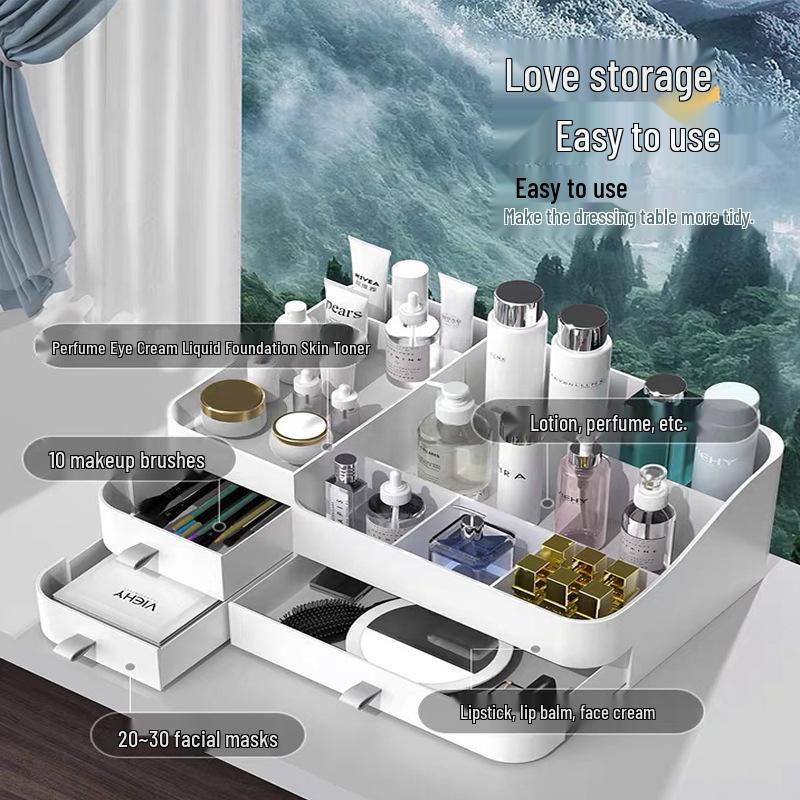 Desktop Makeup and Skincare Organizer with Lipstick and Drawer Compartments