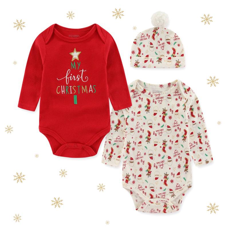 KIDDIEZOOM Рождественские наряды для мальчиков и девочек, комплект одежды для новорожденных с мультяшным принтом, 2 предмета, боди с длинными рукавами и шапочкой, одежда для младенцев