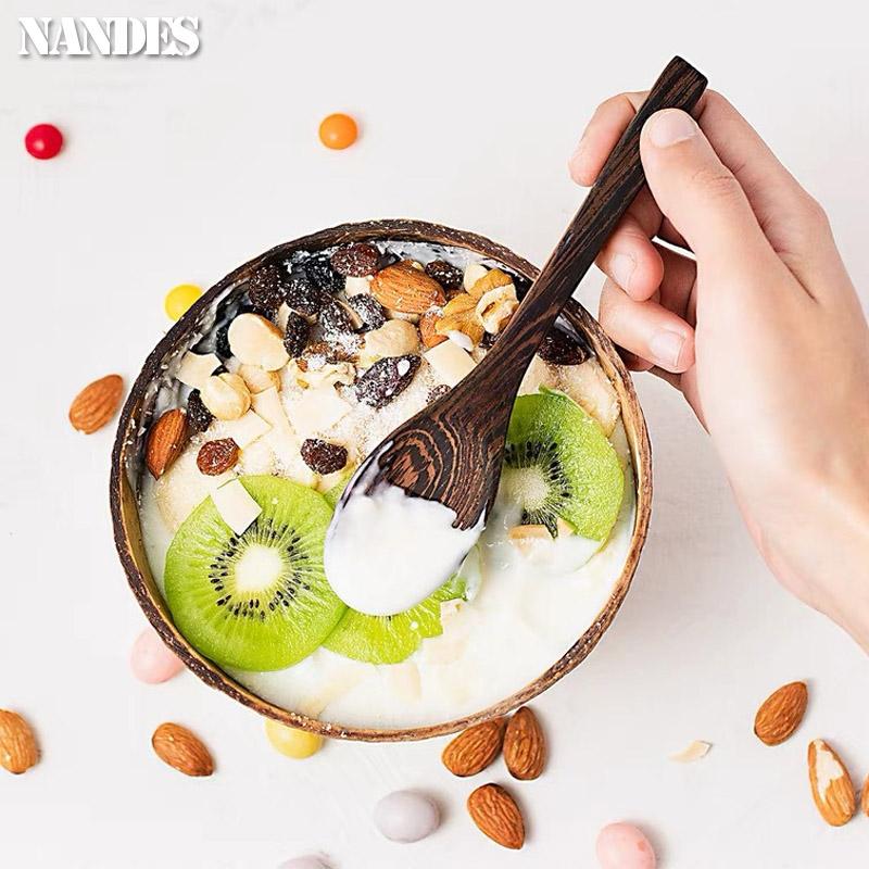 Набор натуральных кокосовых мисок Ручная работа Деревянная посуда Деревянная ложка Десерт Фруктовый салат Смешивание Рамен Миска для хранения Кухонная посуда