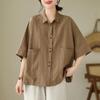 Women Shirt Cotton Linen Literary Shirt Slanting Solid Color Casual Linen Lapel Shirt