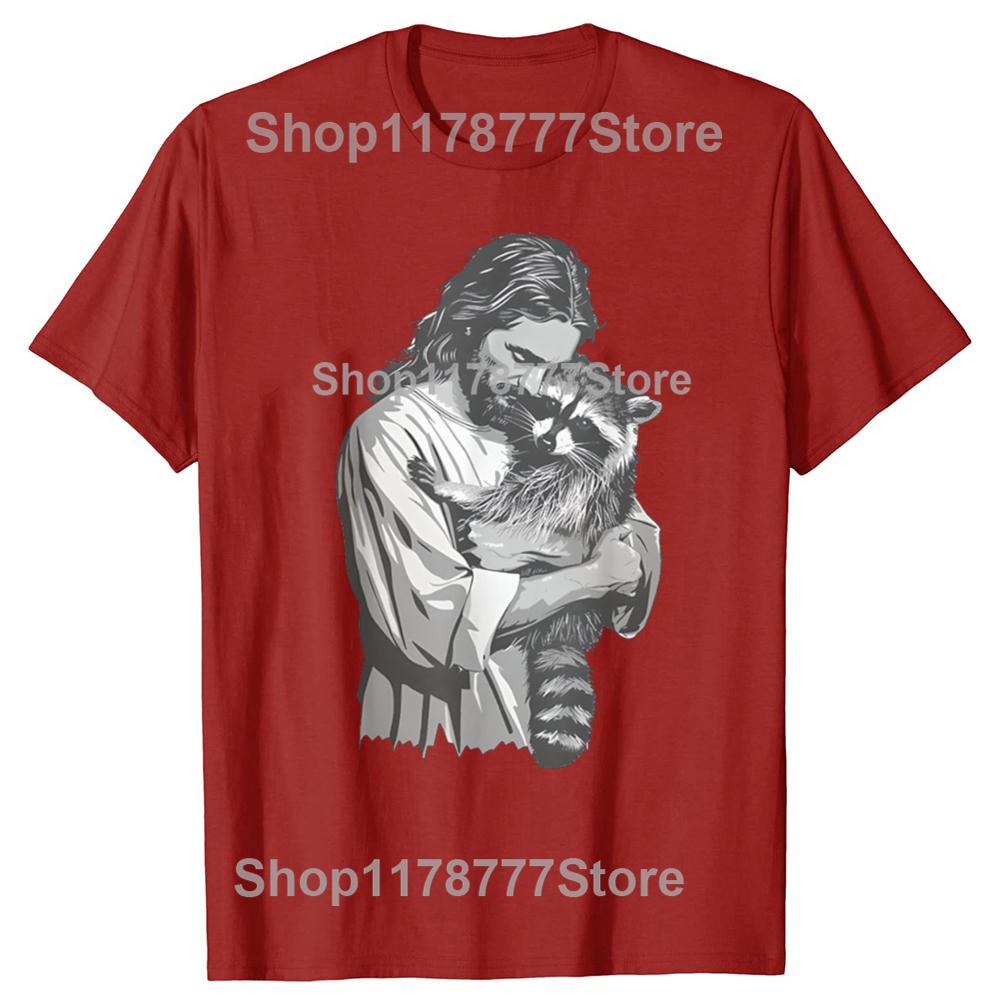 Funny Racoon Lover Trash Christian Jesus T Shirts Cotton Streetwear Birthday Gifts Mens Fashion Casual Loose Oversized T Shirt