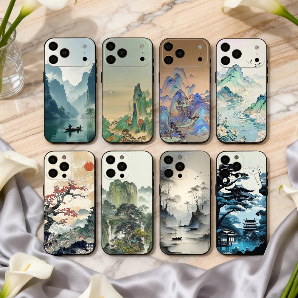 C-китайский-E l-пейзаж-E Чехол для телефона For iPhone 17pro, 16,15,14,13,12,11 X XR Plus, Другие Мягкий Черный Чехол