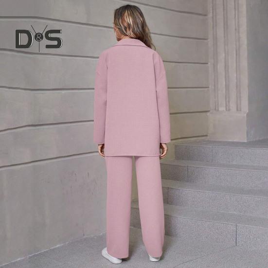 2 Pcs/Set Fall Spring Women Shirt Pants Set Long Sleeves Lapel Button-down Blouse with Chest Pocket Elastic Waist Trousers OL Commuting Sport