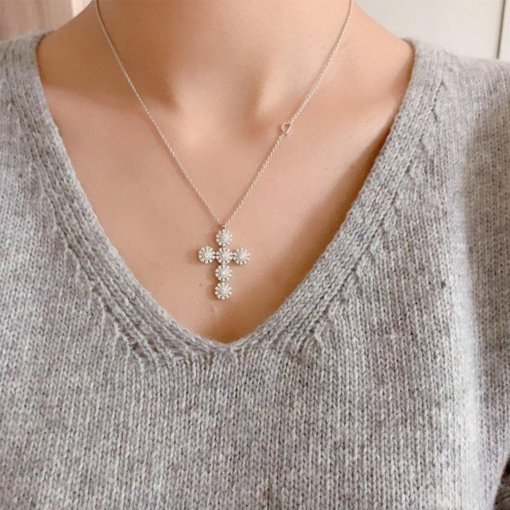Slovecabin 925 пробы стерлингового серебра длинная цепь D-образный крест цветы кулон ожерелье с прозрачным фианитом корейские женские роскошные ювелирные изделия бренда