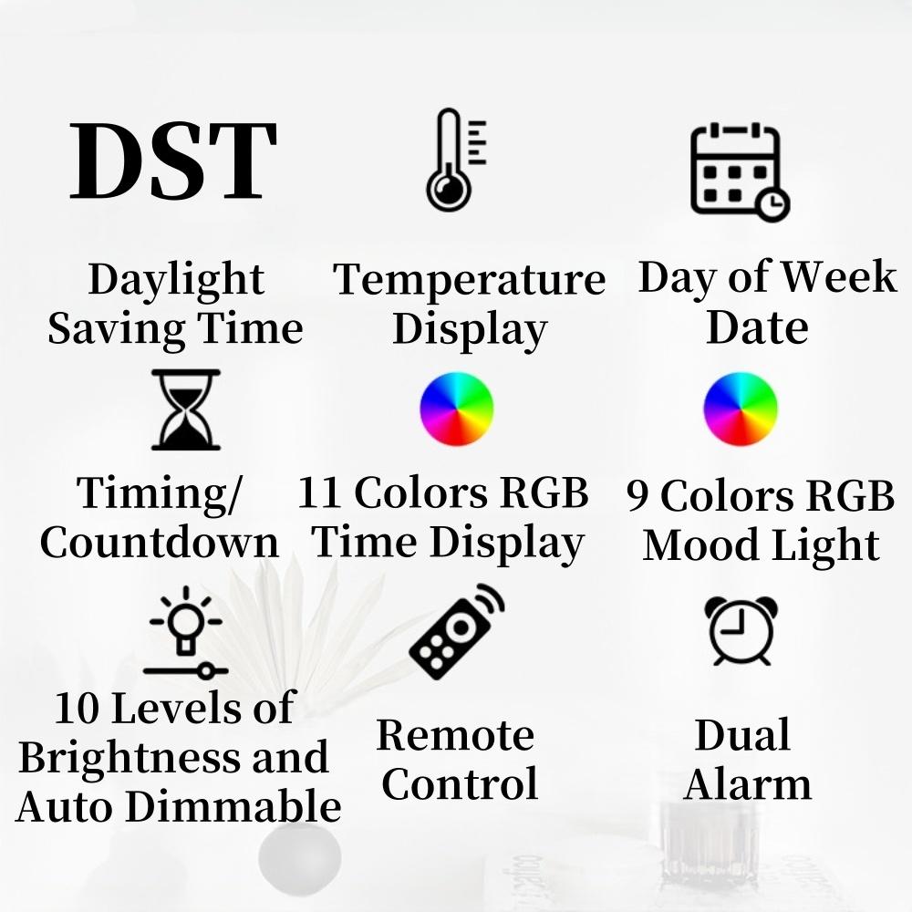 Remote Control Large Digital Wall Clock with 9 Colors Mood Light 2 Alarm Timer Table Clock 12/24H 10 Levels Brightness LED Clock