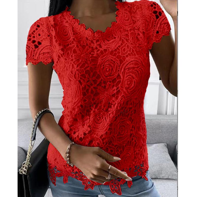 Винтажная шикарная кружевная рубашка, женский летний топ, повседневный элегантный блузка с круглым вырезом, свободные белые кружевные рубашки с короткими рукавами Blusas 24737