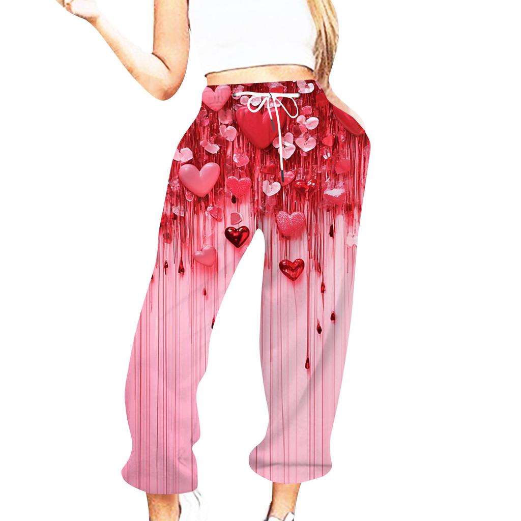 Женская повседневная мода День святого Валентина Повседневные брюки с принтом Спортивные брюки Брюки с эластичной резинкой на талии со шнурком Брюки со шнурком