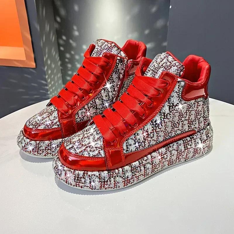 Full Diamond Thick Sole Women's Shoes 2024 New Personalized Water Diamond Colored Embroidery Casual Shoes High Top Sports Shoes