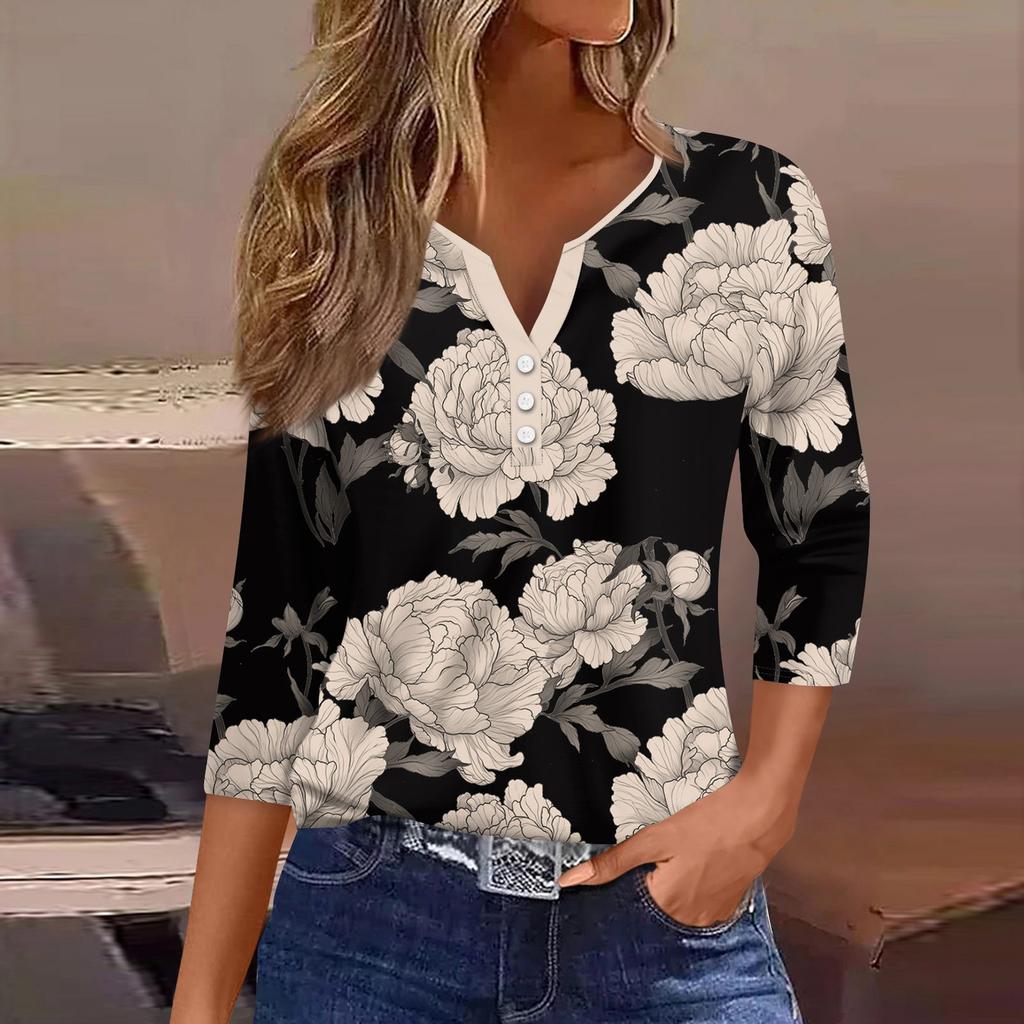3/4 Length Sleeve Womens Tops Print Vintage Fashion Casual Loose With V Neck Plus Size Shirts Tops