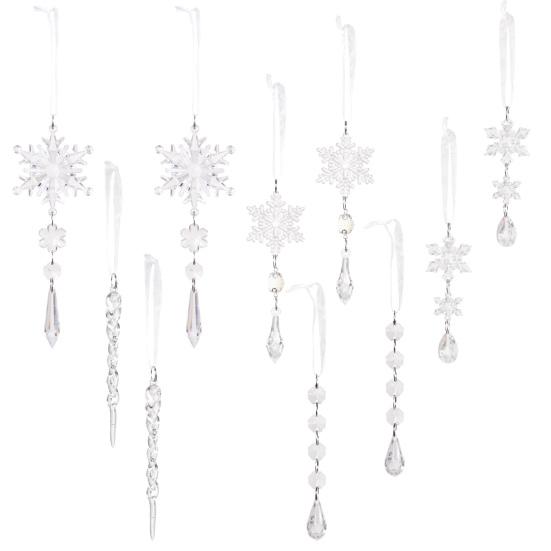 10 Pcs Crystal Snowflake Icicle Ornaments Clear Acrylic Christmas Ornaments for Christmas Tree Winter New Year Party Decor