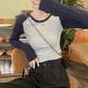 Early Autumn New Unique Super Good-looking Contrasting Colors Front Shoulder Tight Small Long-sleeved Inner Bottom Short T-shirt Top