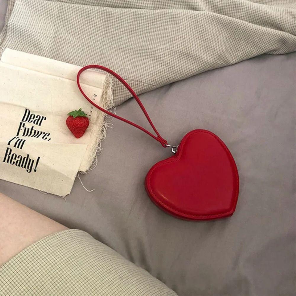 Korean Style PU Purses Card Pocket Solid Heart Bag Portable Red Love Hear Wallet Outdoor