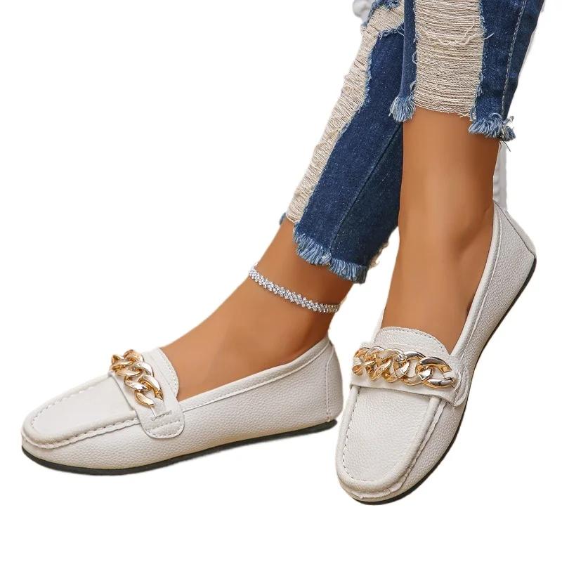 Women's Shoes 2024 Plus Size Slip On Women's Flats Casual Bean Flats Women The Chain Round Toe Outdoor Soft Bottom Ladies Shoes