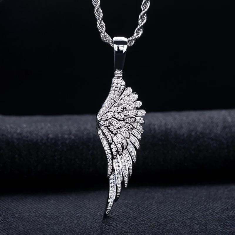 MossanRappr Sparkling Moissanite Iced Out Angel Wing Pendant Gold Plated Trendy Hip Hop Necklace Jewelry Gifts for Men Women