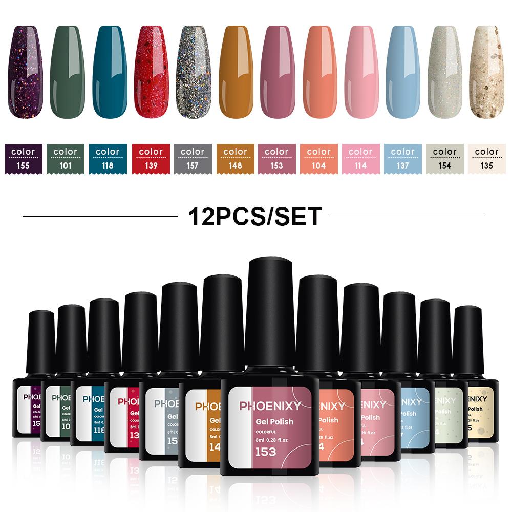 PHOENIXY, 8 мл, 12 цветов, гель-лак для ногтей, гель для ногтей, полуперманентный твердый гель для ногтей, замачиваемый УФ-гель, нужна база, верхнее покрытие, дизайн ногтей «сделай сам»