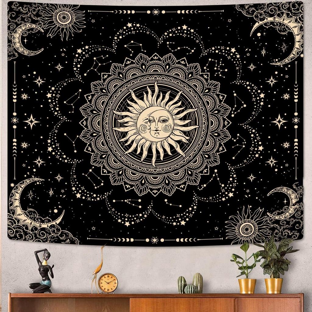 ARTCREATOR Sun and Moon Tapestry, Black Golden Mandala Tapestries Astrology Space Wall Hanging Boho Hippie Decor for Bedroom, Living Room, Ceiling