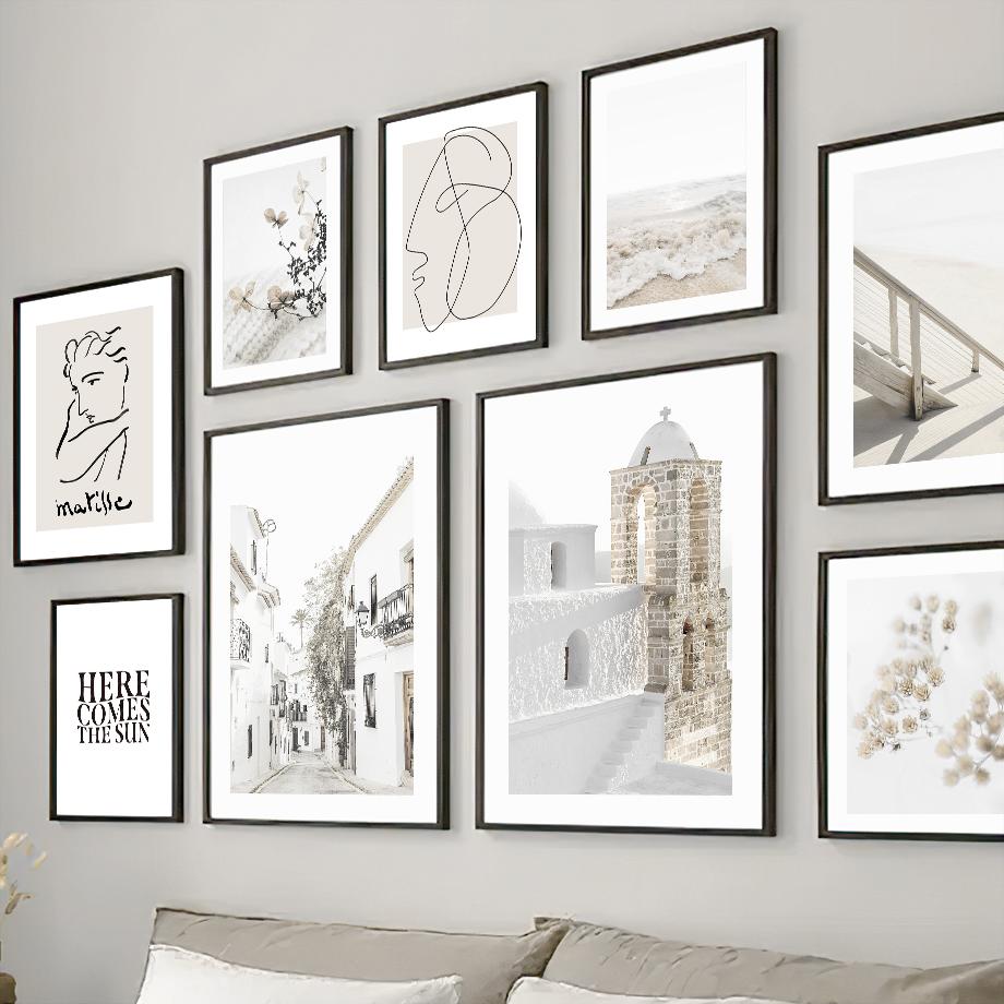 Wall Art Canvas Painting Sandy Beach White House Street Flower Abstract Nordic Posters And Prints Wall Pictures For Living Room