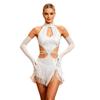 Women Latin Dance Fringed Dress Cutout Sleeveless Strappy Waist Tassel Hem Sequined Dress with Long Gloves